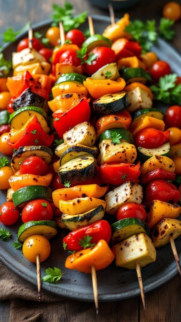 Colorful Mediterranean grilled vegetable skewers on a plate