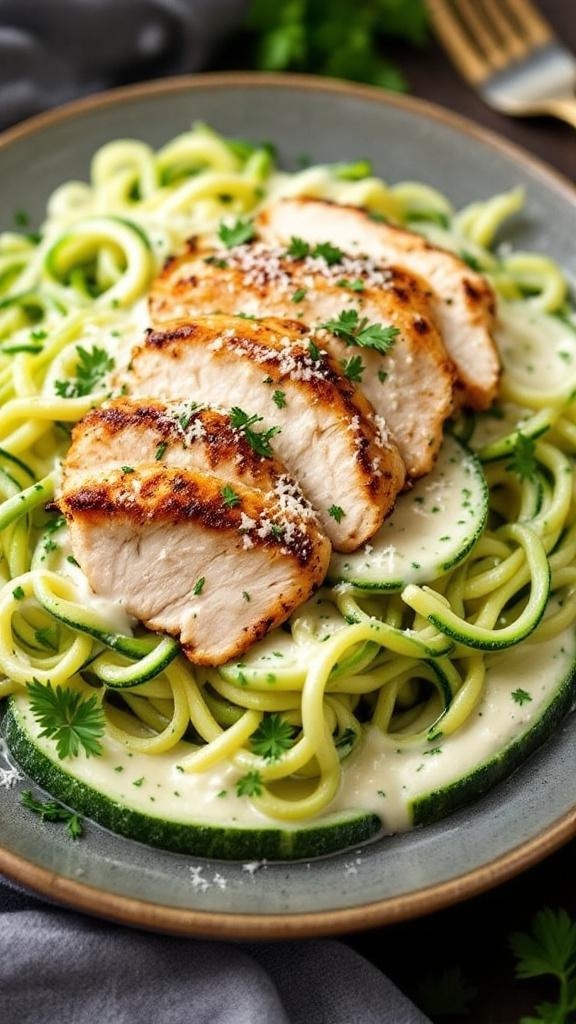 A plate of Chicken Alfredo Zoodles topped with sliced grilled chicken and garnished with parsley.