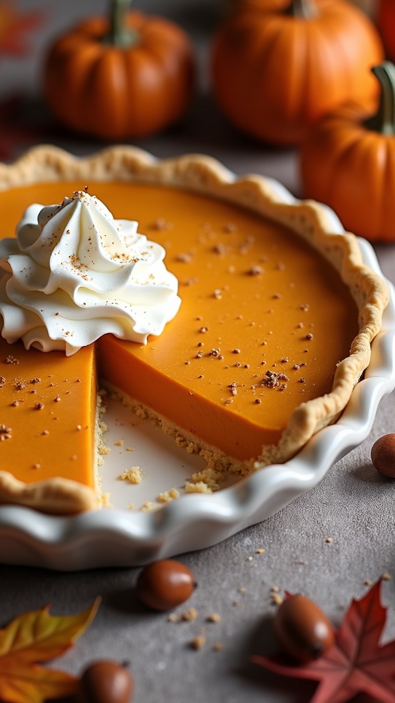 A delicious sweet potato pie topped with whipped cream, surrounded by small pumpkins and autumn leaves.