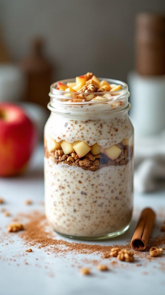 A jar of apple cinnamon overnight oats topped with diced apples and granola.