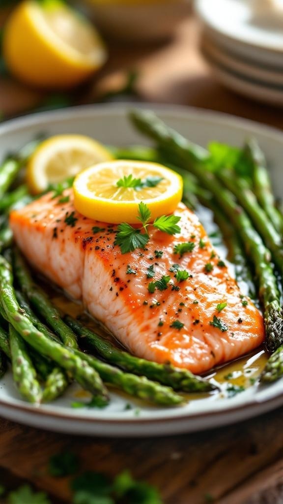 Baked salmon fillet with asparagus and lemon slices on a plate
