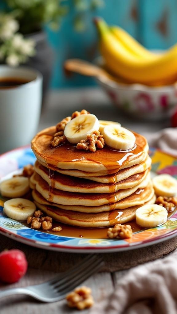 A stack of banana pancakes topped with banana slices and walnuts, served on a colorful plate.