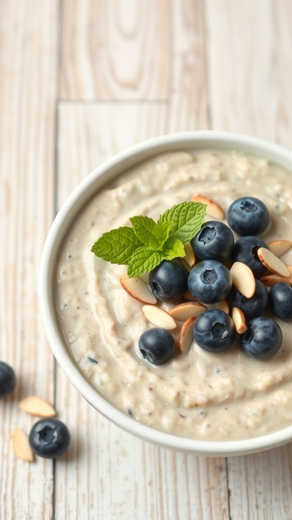 A bowl of blueberry almond overnight oats topped with fresh blueberries and sliced almonds.