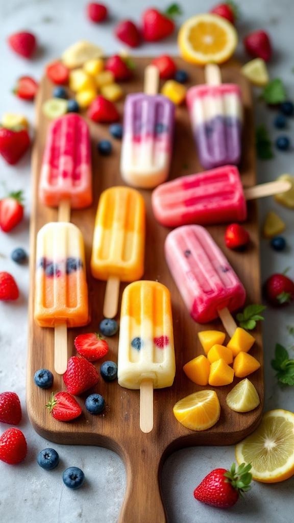 Colorful frozen fruit pops arranged on a wooden board with fresh fruits around them.