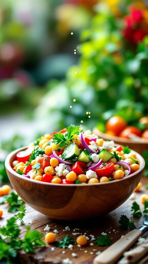 A colorful Mediterranean Chickpea Salad in a wooden bowl, featuring chickpeas, cherry tomatoes, cucumbers, red onion, and feta cheese, garnished with parsley.
