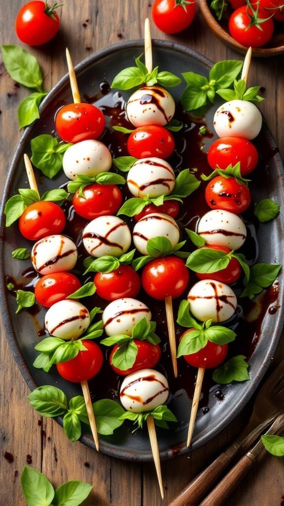 Mini Caprese skewers with cherry tomatoes, mozzarella, and basil on a platter