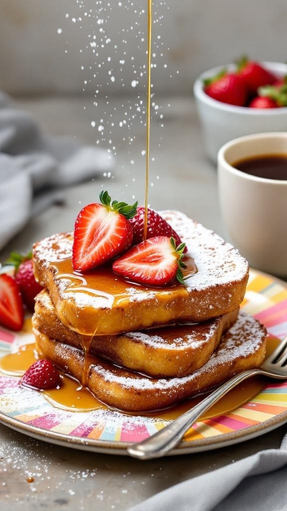 Vegan French toast topped with strawberries and syrup