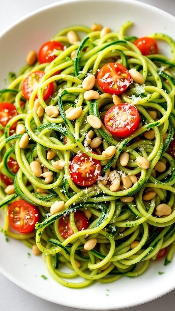 A plate of zucchini noodles topped with pesto, cherry tomatoes, and pine nuts.