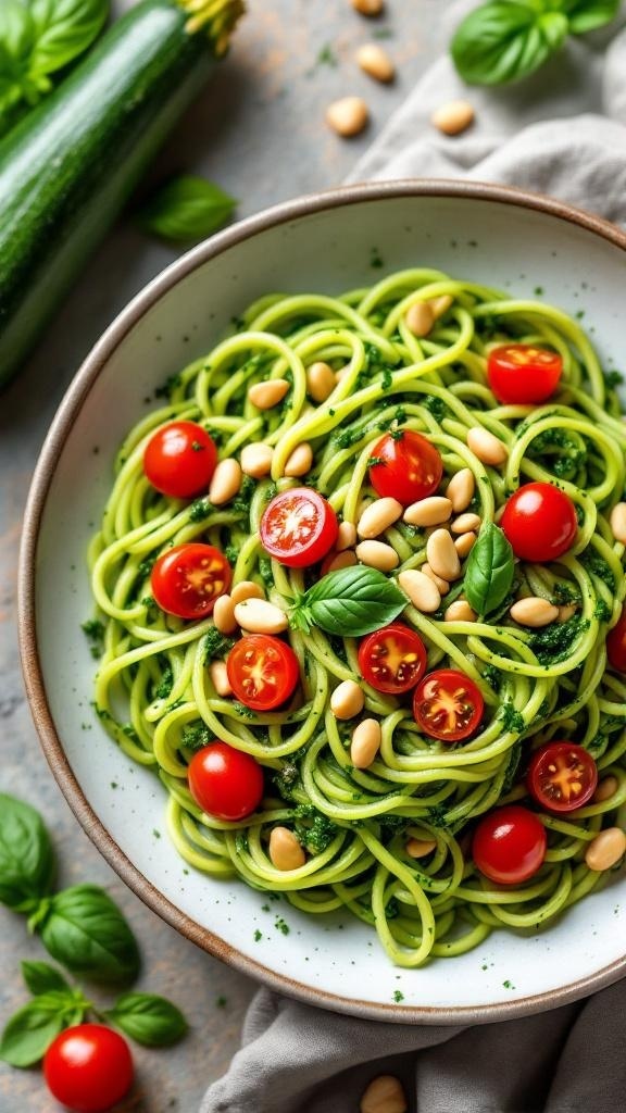A bowl of zucchini noodles topped with pesto, cherry tomatoes, and pine nuts.