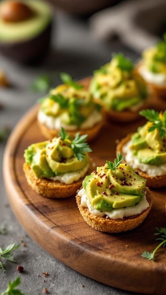 Avocado and cheese bites served on a wooden platter, garnished with herbs and spices.