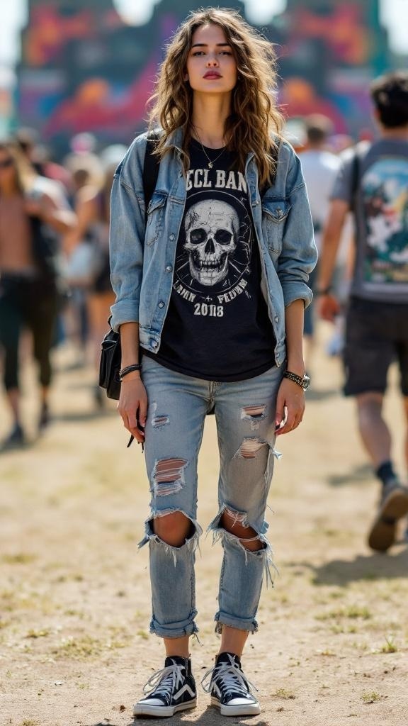 A person wearing a denim jacket, vintage band tee, and distressed jeans at a concert.