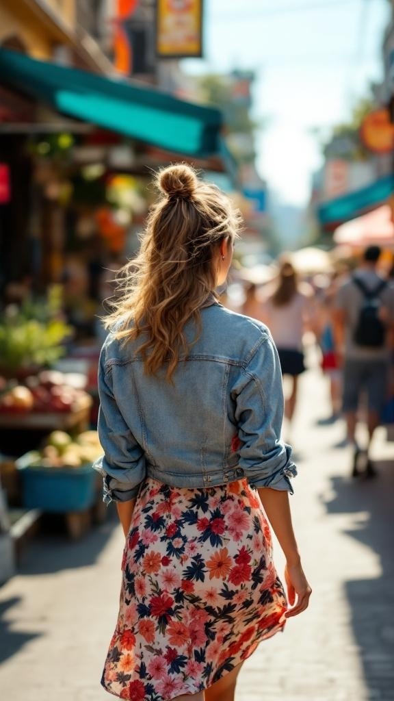 A woman wearing a denim jacket over a floral dress walking through a colorful market.