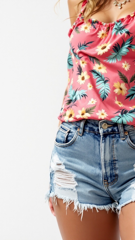 A model wearing stylish distressed denim shorts with a floral top.
