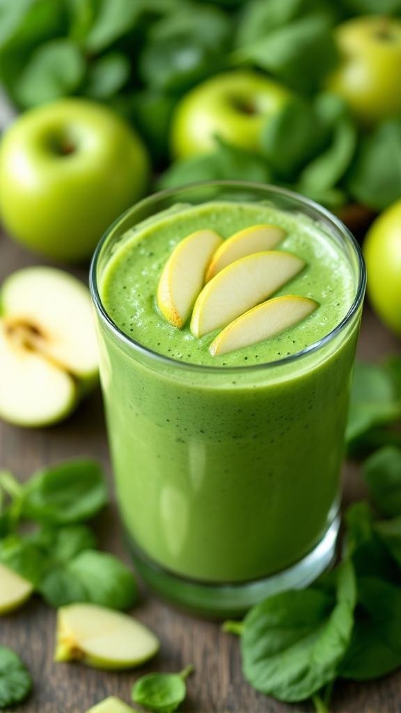 A refreshing green smoothie made with spinach and green apple, garnished with apple slices.