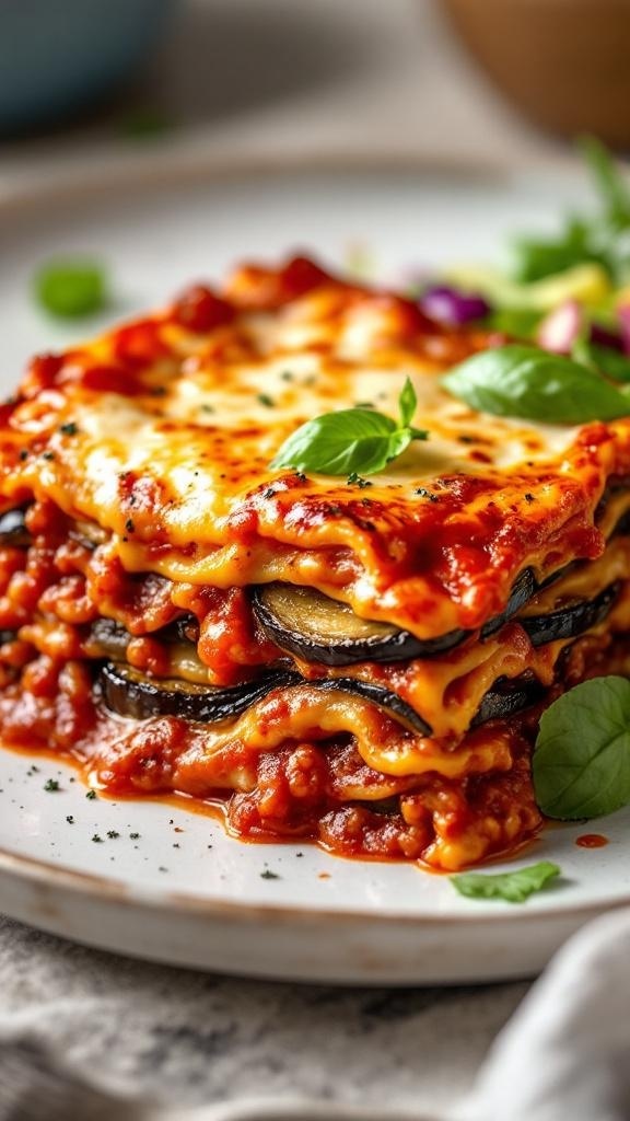 A delicious serving of eggplant lasagna with layers of cheese and sauce.