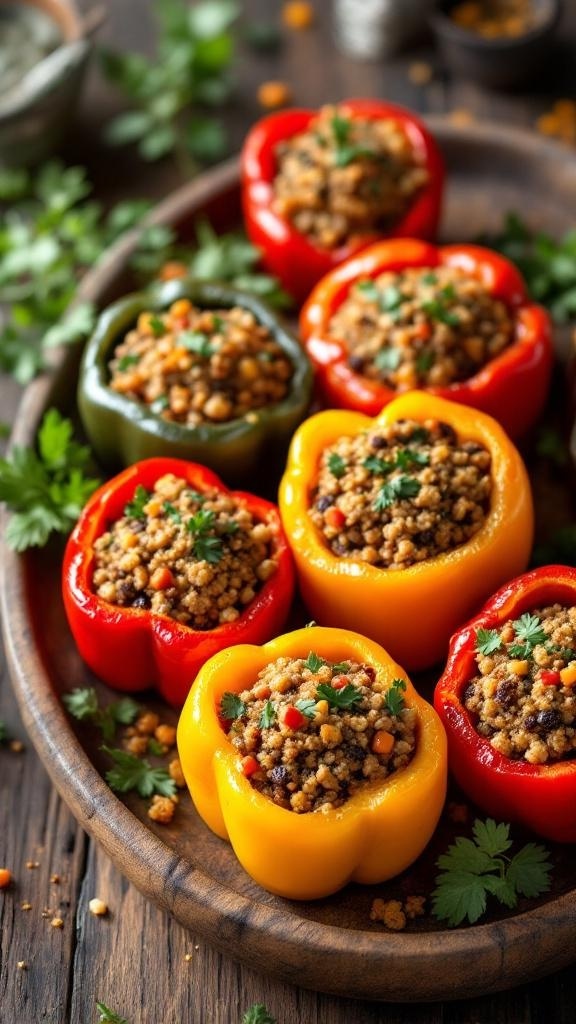 Stuffed bell peppers filled with a savory mixture, garnished with parsley, on a wooden platter.