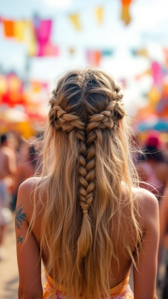 A person with long hair styled in double braids, set against a colorful festival background.