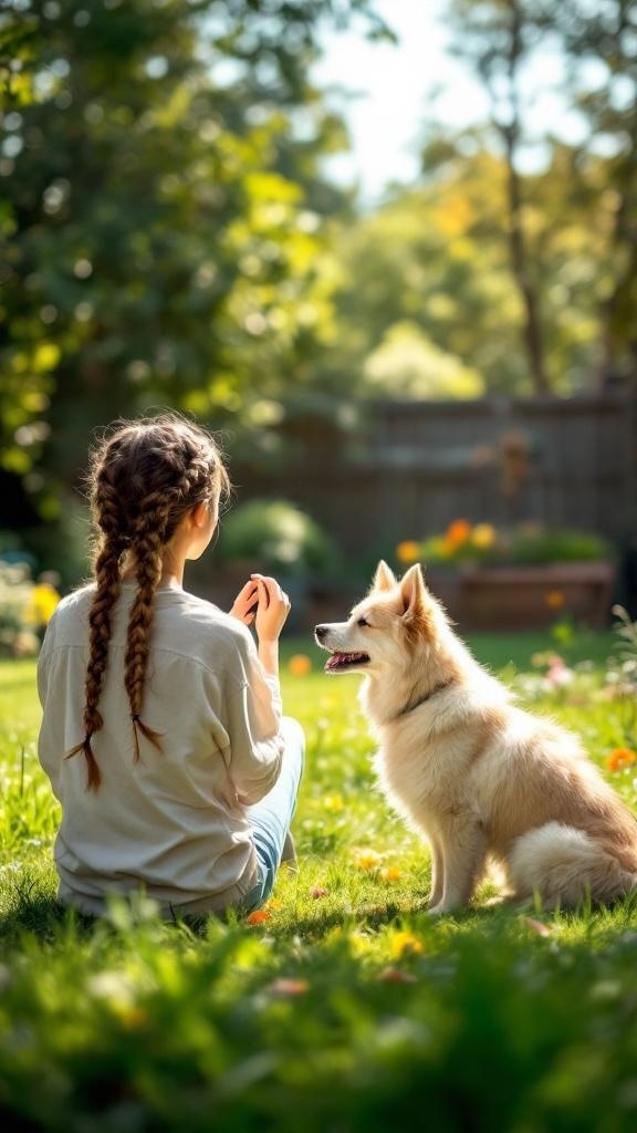 A girl with double Dutch braids sitting in a garden with her dog.
