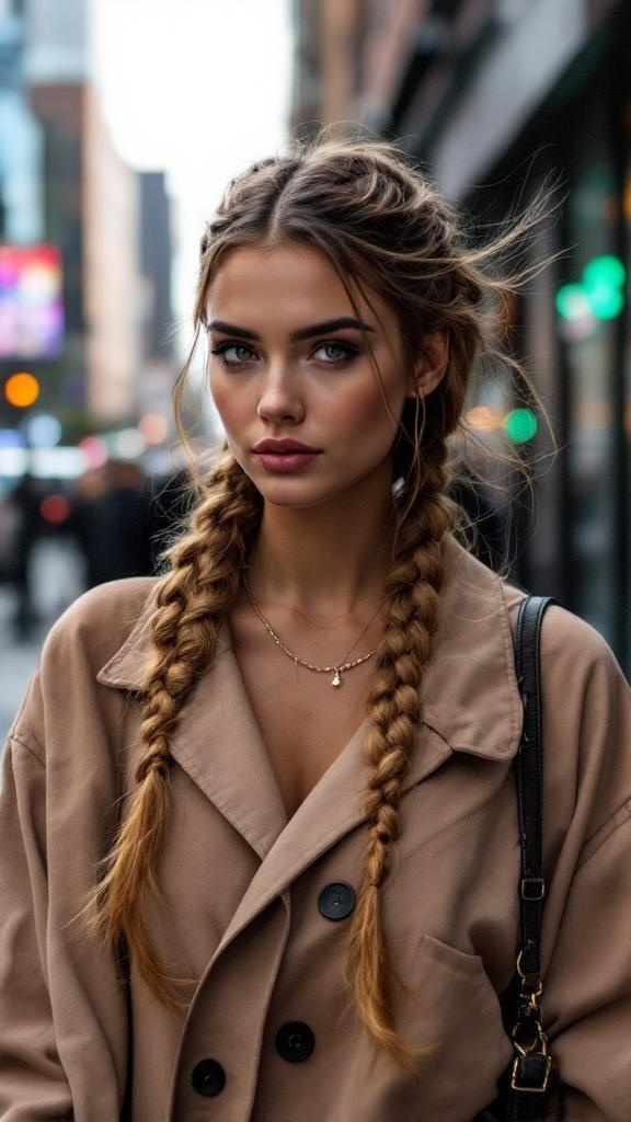 A young woman with double fishtail braids, wearing a beige oversized jacket, standing in an urban setting.