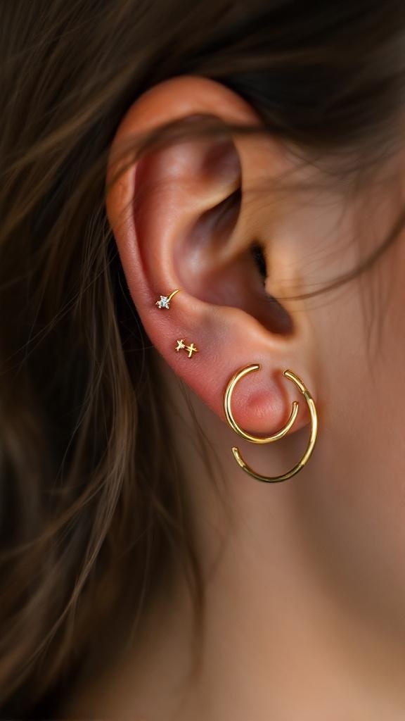 A close-up of a double helix piercing featuring gold hoops and star-shaped studs.