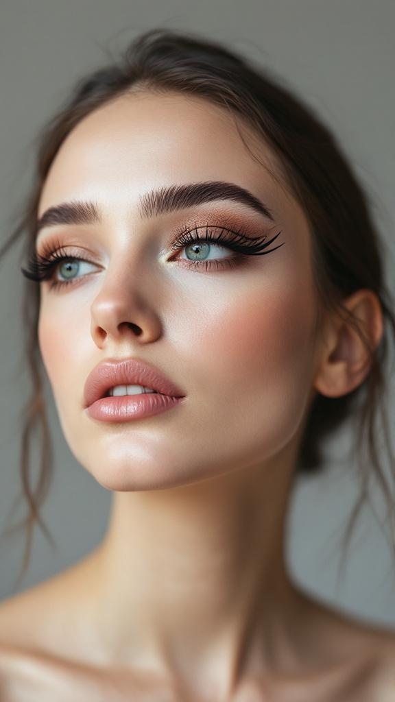 A close-up of a woman showcasing a double winged eyeliner look, featuring bold wings and natural makeup.