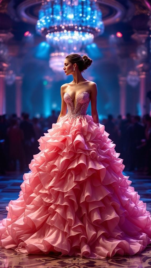 A dramatic ball gown with a ruffled skirt, showcasing a beautiful silhouette and elegant design.