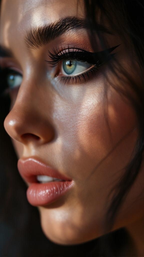 Close-up of a woman's eye with dramatic lower eyeliner, showcasing bold makeup and natural beauty.