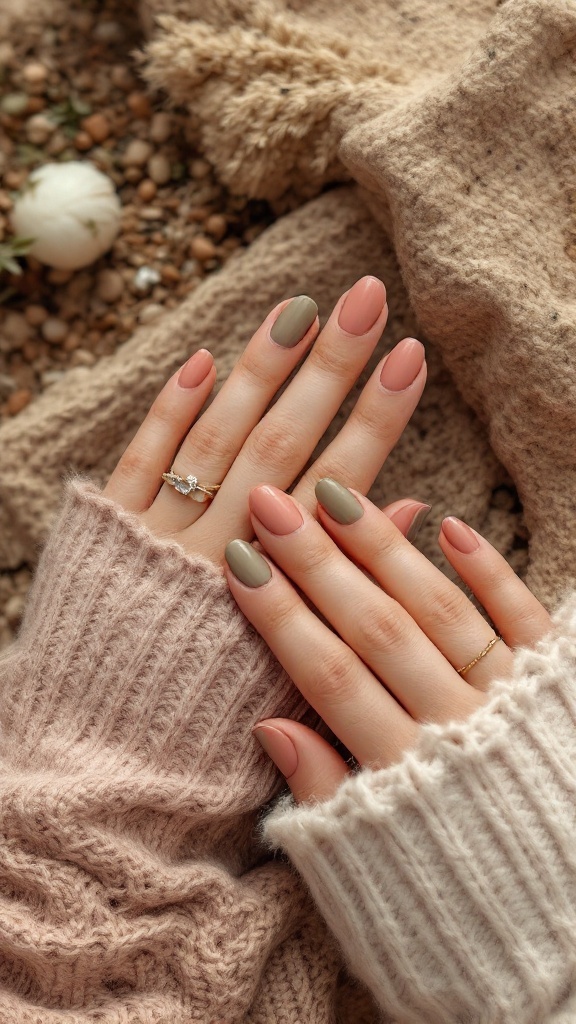 Nails painted in dusty rose and olive green, with hands resting on a soft, textured blanket.