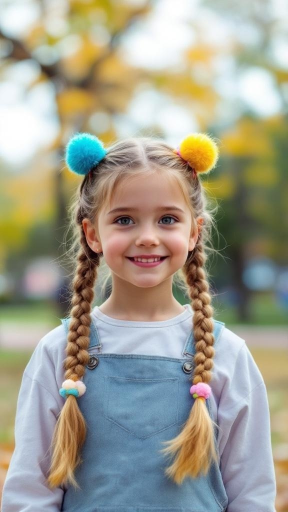 A young girl with Dutch braid pigtails, adorned with colorful pom-poms, smiling in a park.