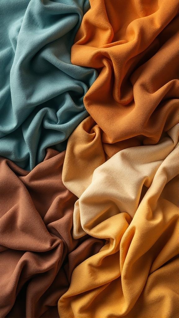 An assortment of wrinkled fabrics in earthy tones and jewel hues, including burnt orange, deep brown, soft yellow, and cool blue.