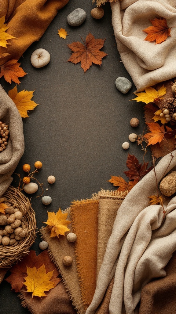 An arrangement of earthy colored fabrics and natural elements including autumn leaves and stones.