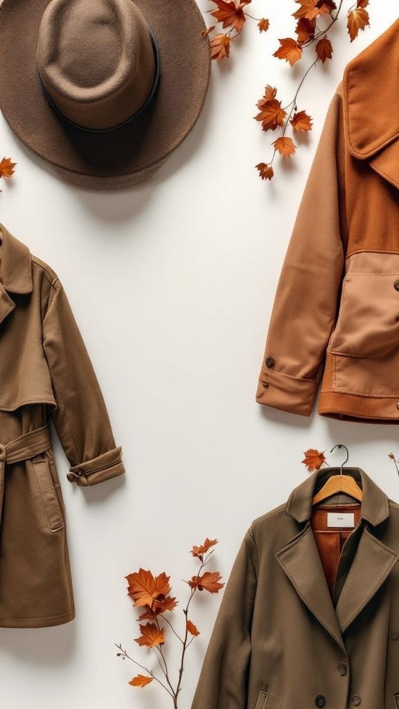 A display of earthy tonned outerwear including brown and rust coats alongside a brown hat with autumn leaves.