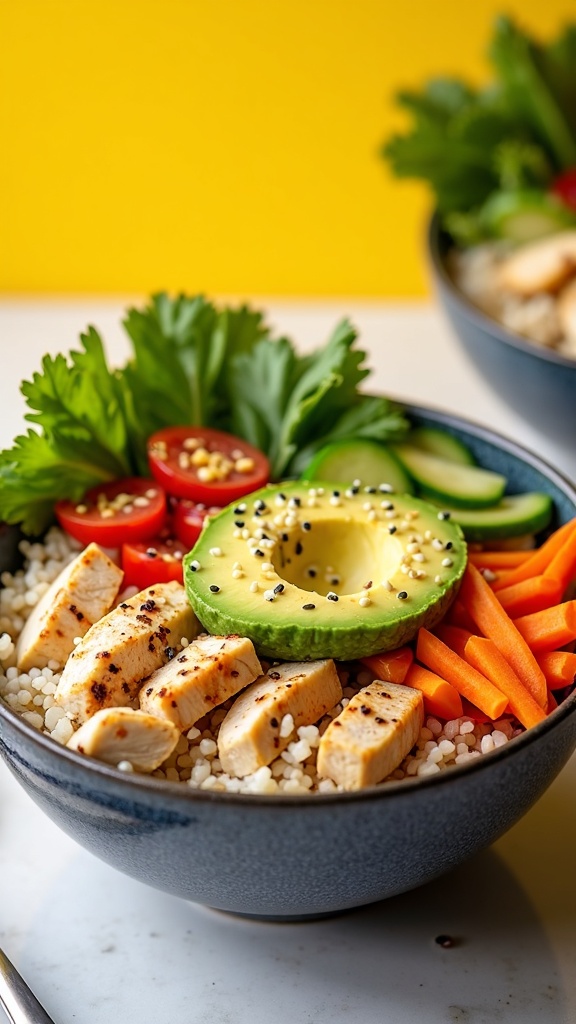 A colorful rice bowl featuring chicken, vegetables, and avocado.