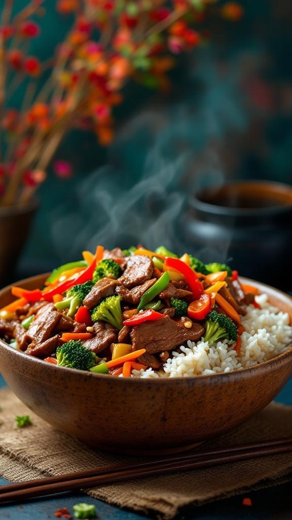 A delicious beef stir-fry with colorful vegetables served over rice in a wooden bowl.