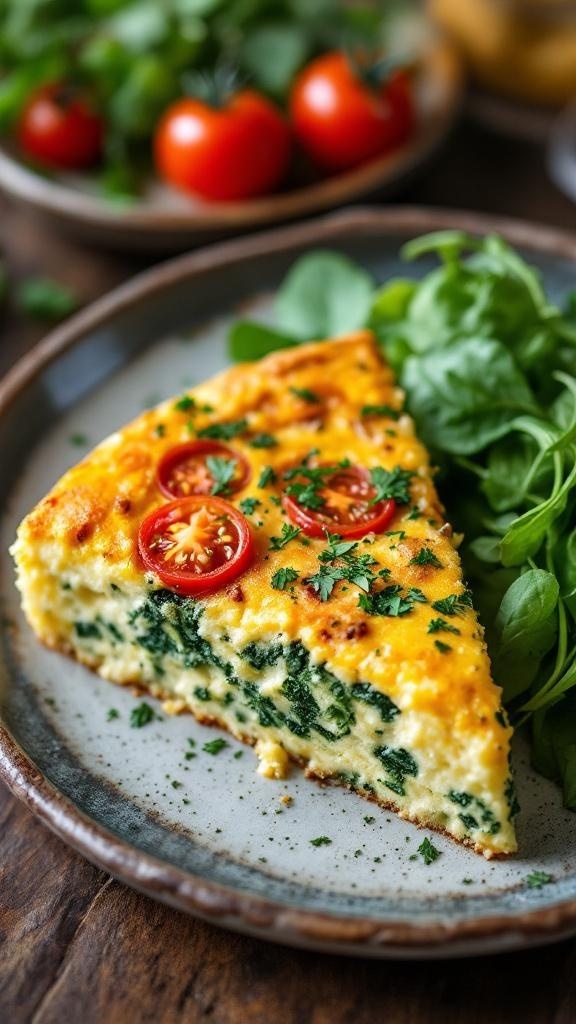 A slice of frittata served with greens and cherry tomatoes on a plate.