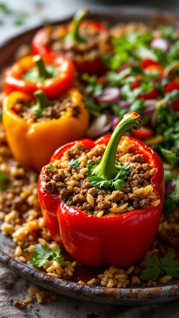 Colorful stuffed peppers filled with ground beef and rice, garnished with herbs.