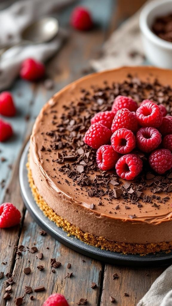 A delicious no-bake chocolate cheesecake topped with fresh raspberries and chocolate shavings.