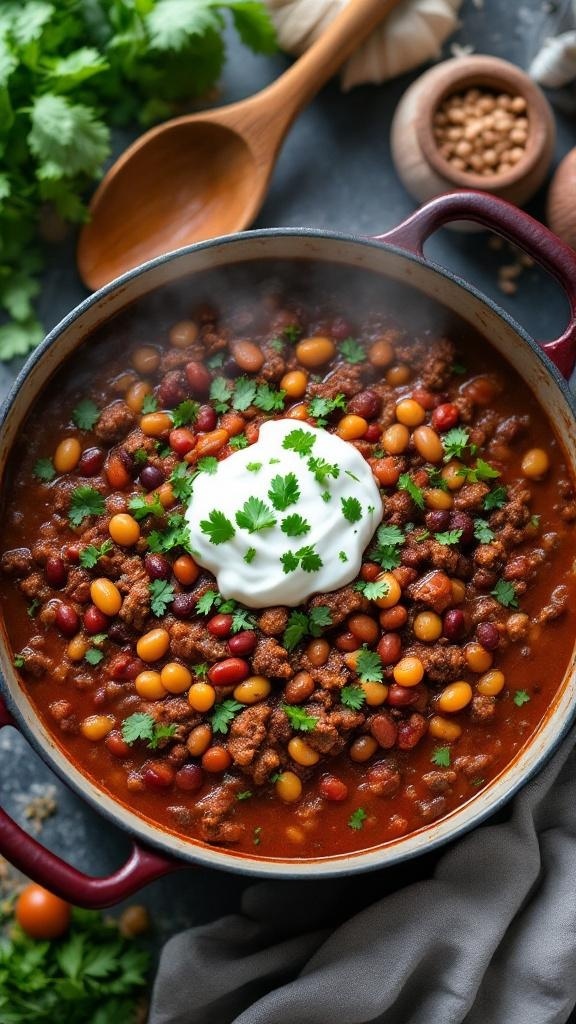 A pot of hearty chili topped with sour cream and cilantro, surrounded by fresh ingredients.