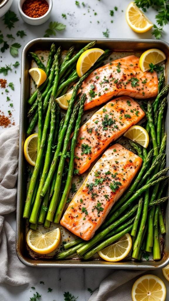 Sheet pan with salmon fillets and asparagus, garnished with lemon slices and parsley.