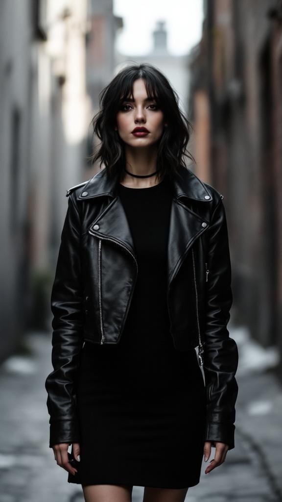 Model wearing an edgy black dress with a leather jacket in an urban alley