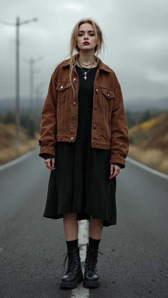 A model wearing a brown denim jacket over a black dress, standing on a road with a moody sky.