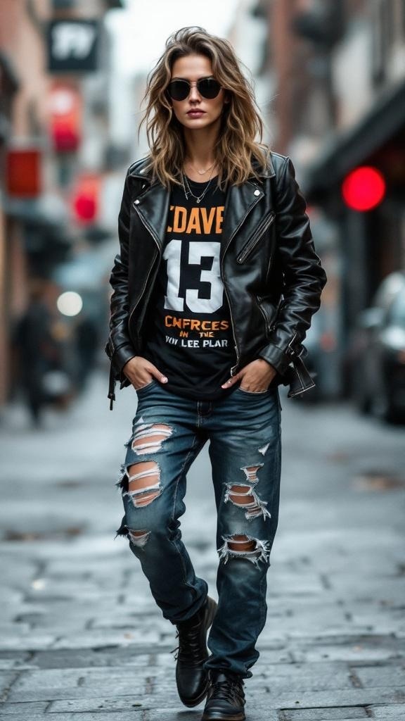 A model wearing distressed denim jeans, a graphic tee, and a black leather jacket, styled with white sneakers and sunglasses.