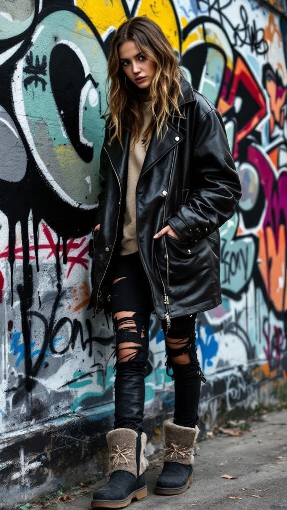A woman in an oversized leather jacket, ripped jeans, and Ugg boots stands against a colorful graffiti wall.