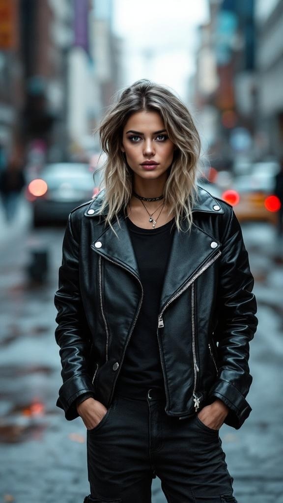 A confident individual wearing a black leather jacket with a black top and pants, standing in an urban setting.
