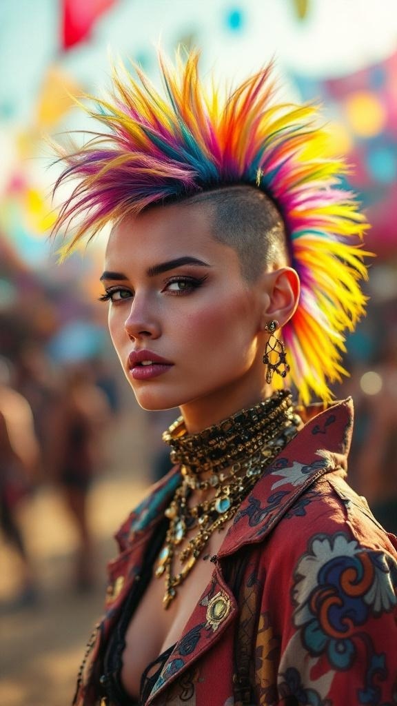A woman with a colorful mohawk hairstyle, featuring vibrant spikes and shaved sides, wearing bold jewelry.