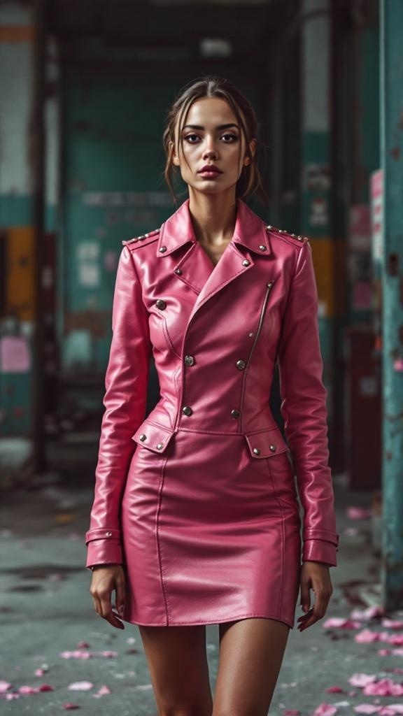A model wearing an edgy pink leather dress with studs, standing confidently in an urban setting.