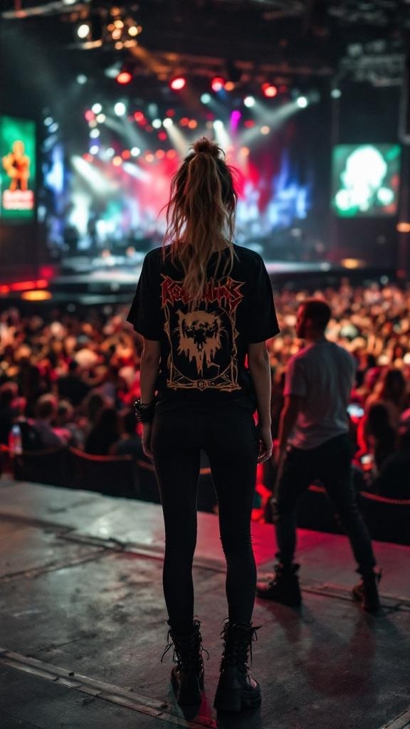 A person in a crowd at a concert, wearing black leggings and a graphic tee, with colorful stage lights in the background.
