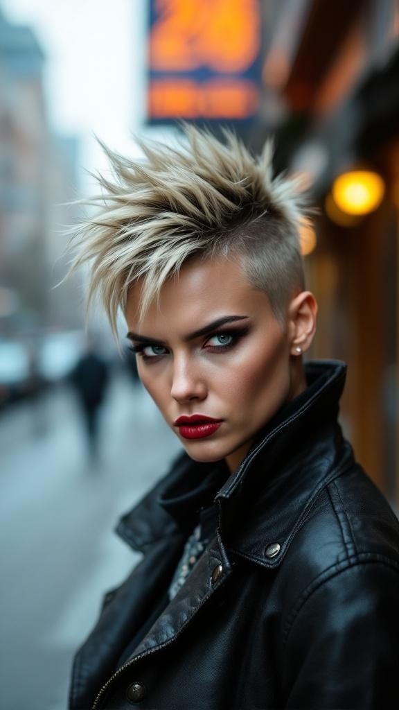 A woman with an edgy spiky haircut, wearing a leather jacket, with a bold makeup look.