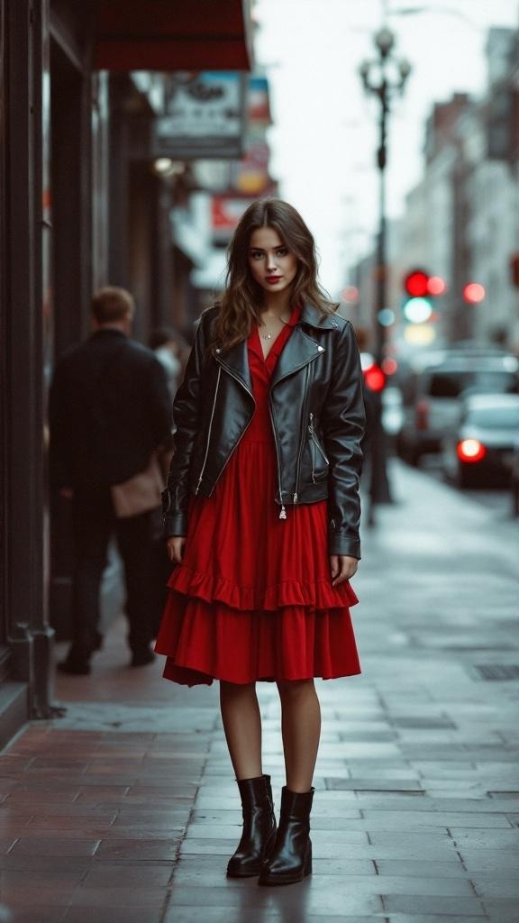 A woman in a red dress and black leather jacket standing on a city street.