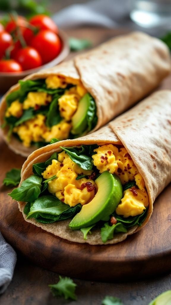 A delicious egg and avocado breakfast wrap with spinach, served on a wooden board.